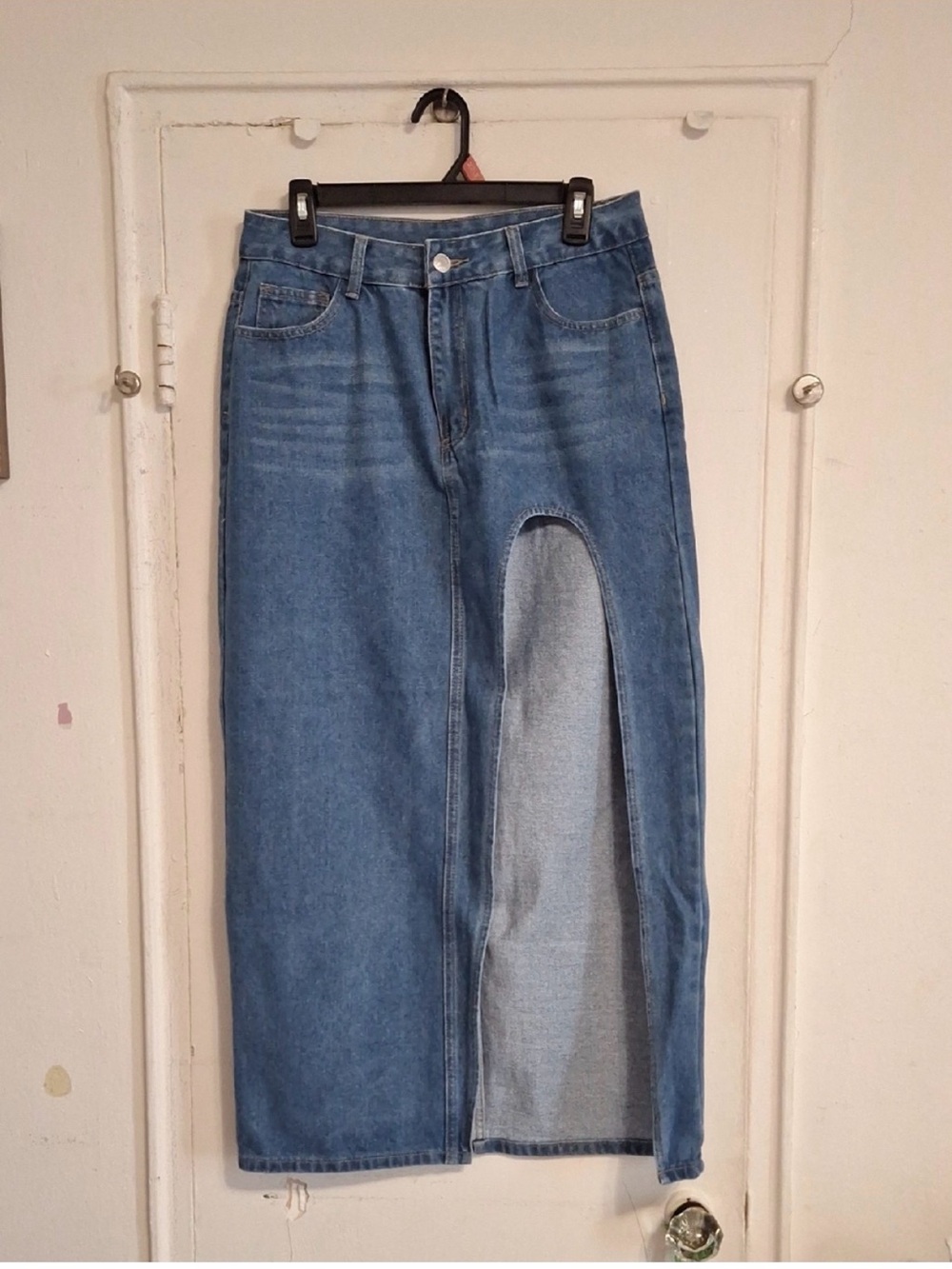 Women’s High-Waist Blue Denim Skirt-Jeans with Front Thigh Slit
